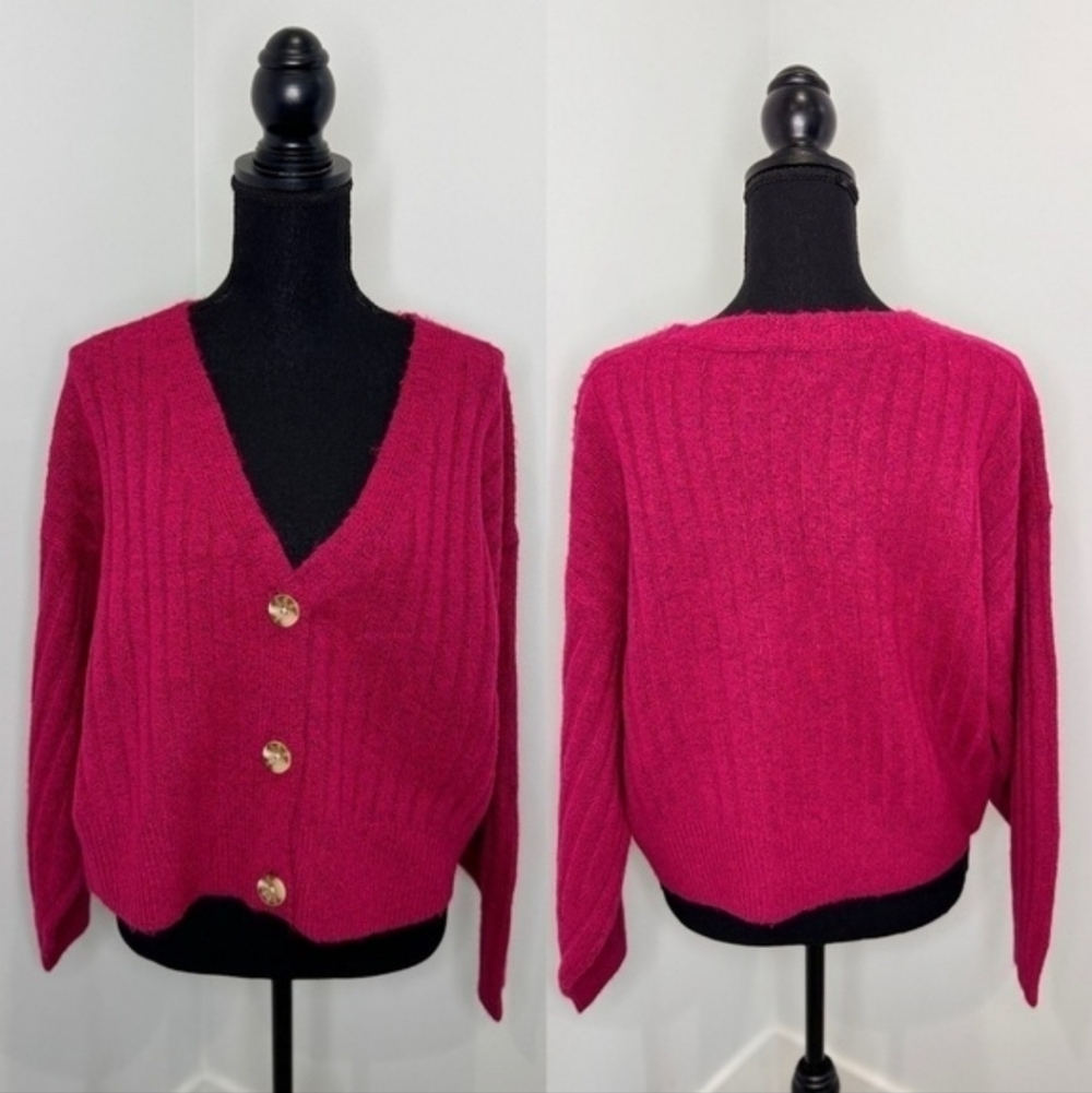 a new day Pink V-Neck Button Front Sweater Cardigan- (Small)